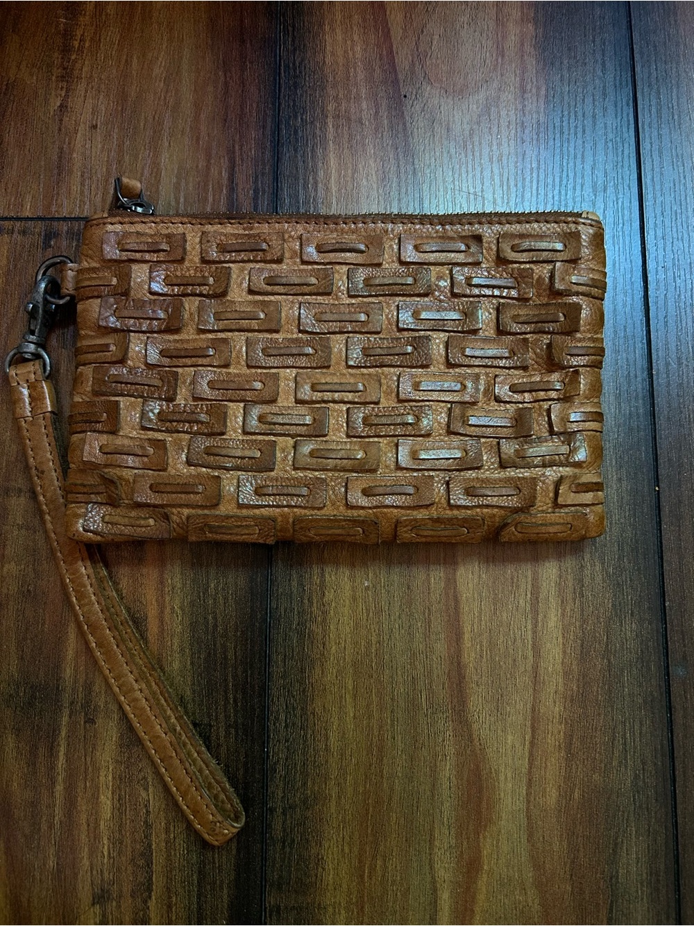 latico Woven Leather Wristlet in Cognac Brown w/ strap